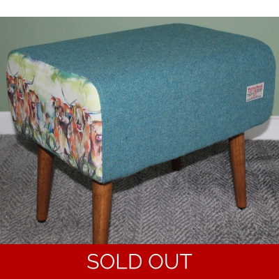 Large Rectangular Aqua Harris Tweed and Voyage Maison Heilan Herd, Highland Cow covered Footstool